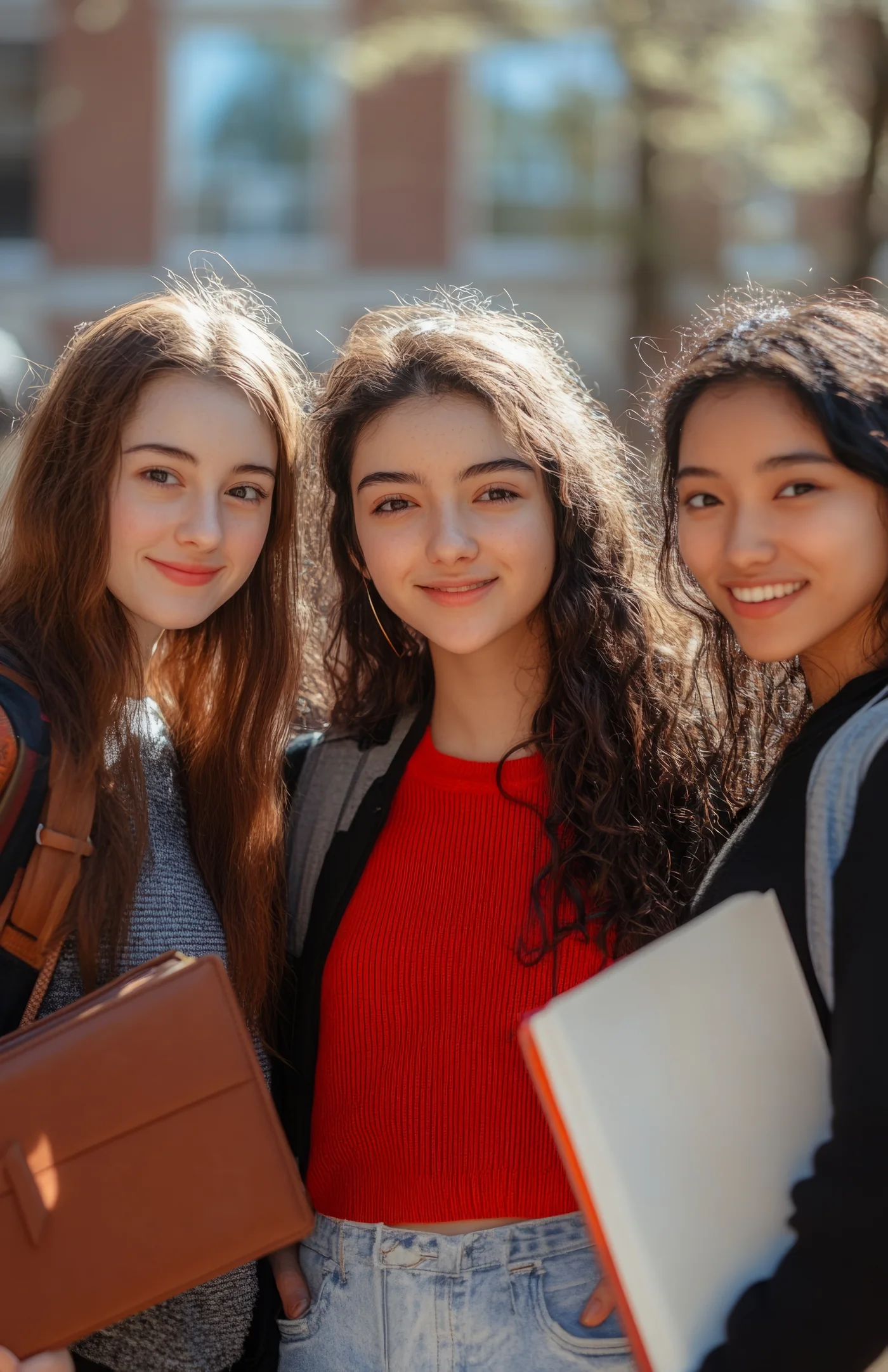 Three students smiling together on campus